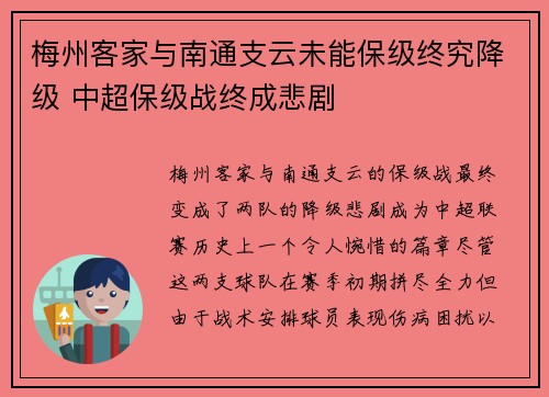 梅州客家与南通支云未能保级终究降级 中超保级战终成悲剧